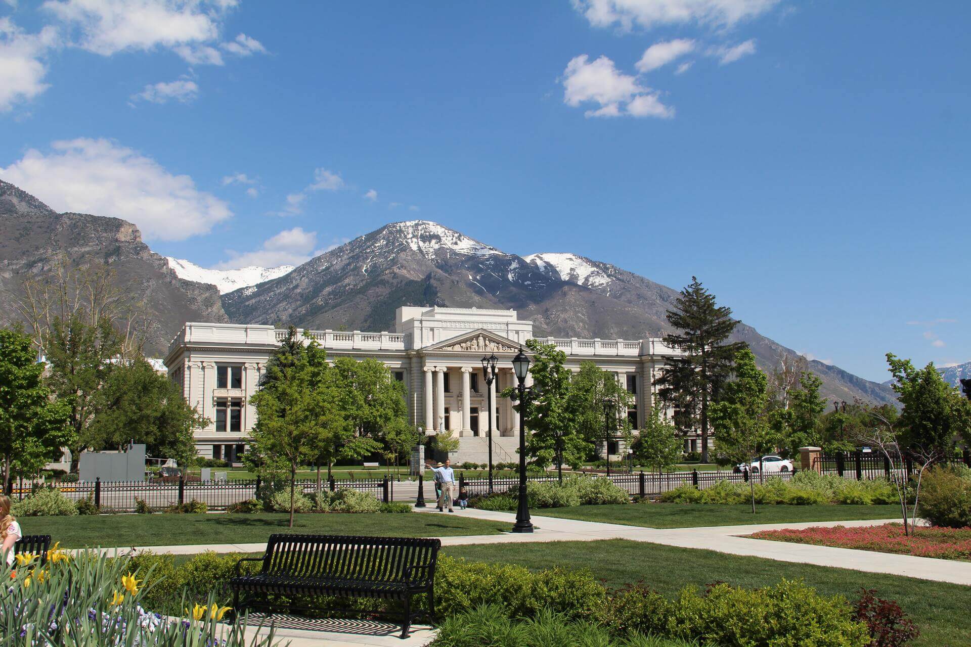 Lighthouse family therapy - Utah location page Provo city hall and garden with snow cap mountain view